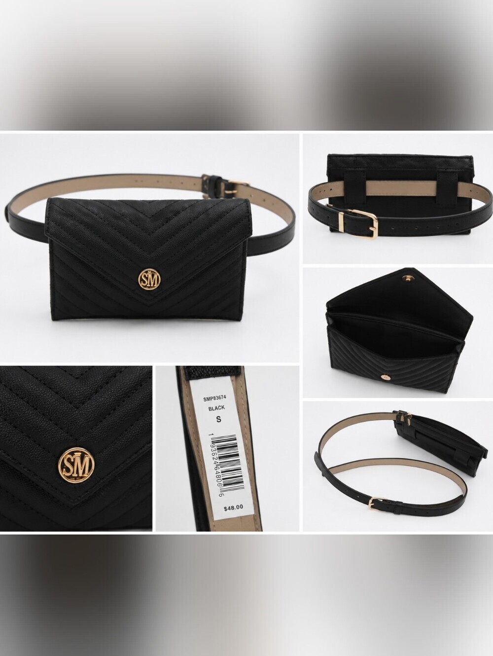 Steve Madden Black Quilted Belt Bag Waist Pack Chevron Faux Leather Size S NWT.b
